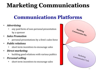Marketing Communications
Communications Platforms
• Advertising
• any paid form of non-personal presentation
by a sponsor
...