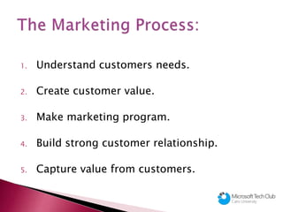 1. Understand customers needs.
2. Create customer value.
3. Make marketing program.
4. Build strong customer relationship.
5. Capture value from customers.
 