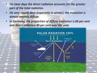 • On clear days the direct radiation accounts for the greater
part of the total radiation.
• On very cloudy days (especially in winter), the insolation is
almost entirely diffuse.
• In Germany, the proportion of diffuse insolation is 60 per cent
and direct radiation 40 per cent over the year.
 