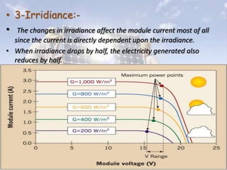 • 3-Irridiance:-
• The changes in irradiance affect the module current most of all
since the current is directly dependent upon the irradiance.
• When irradiance drops by half, the electricity generated also
reduces by half.
 