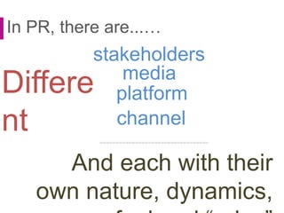 And each with their
own nature, dynamics,
In PR, there are...…
stakeholders
media
platform
channel
Differe
nt
 