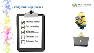 Programming Phases
Define the problem
Plan your solution
Write Code
Fix program error
Deploy your App
 