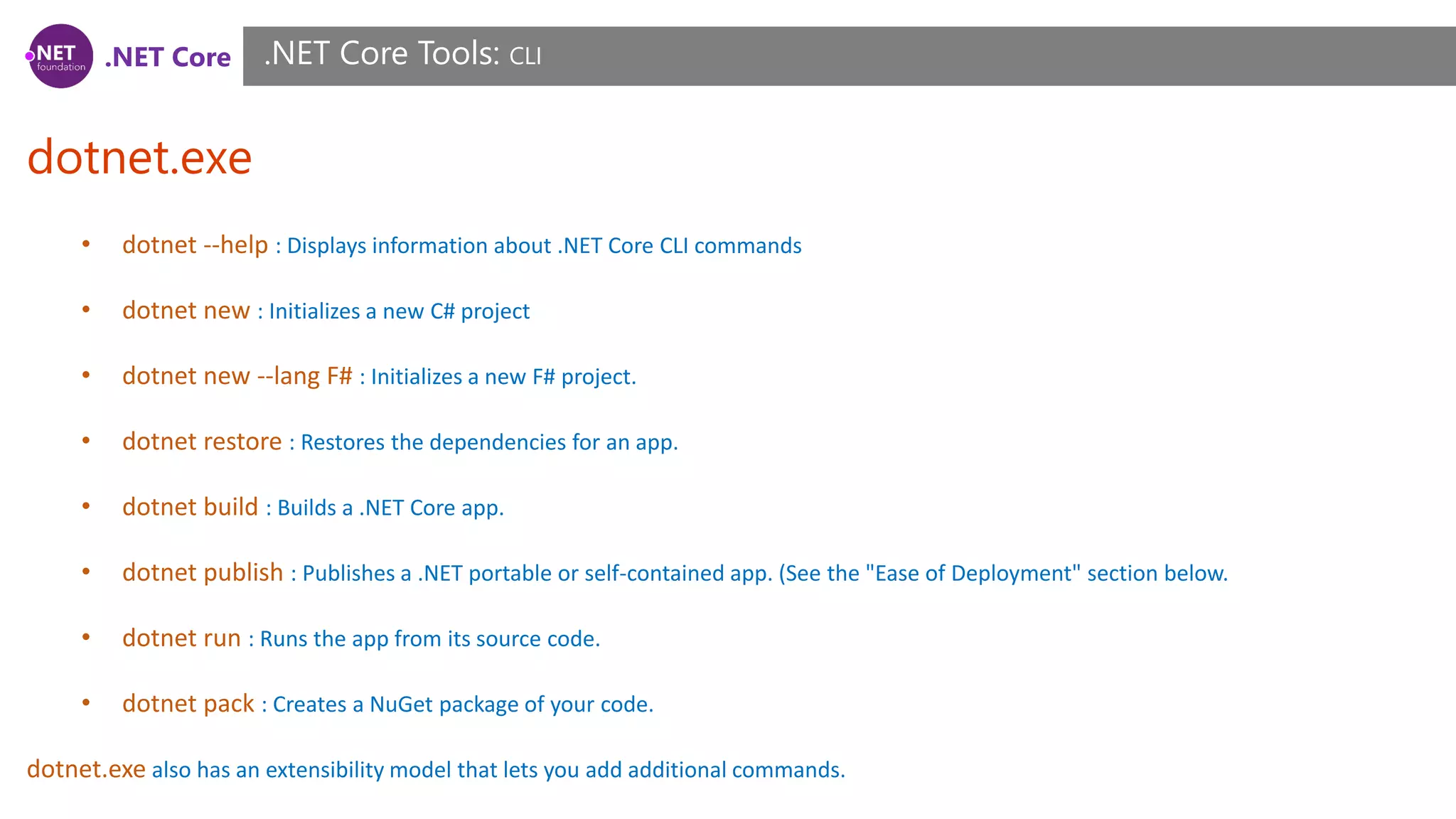 .NET Core
dotnet.exe
.NET Core Tools: CLI
• dotnet --help : Displays information about .NET Core CLI commands
• dotnet new : Initializes a new C# project
• dotnet new --lang F# : Initializes a new F# project.
• dotnet restore : Restores the dependencies for an app.
• dotnet build : Builds a .NET Core app.
• dotnet publish : Publishes a .NET portable or self-contained app. (See the "Ease of Deployment" section below.
• dotnet run : Runs the app from its source code.
• dotnet pack : Creates a NuGet package of your code.
dotnet.exe also has an extensibility model that lets you add additional commands.
 