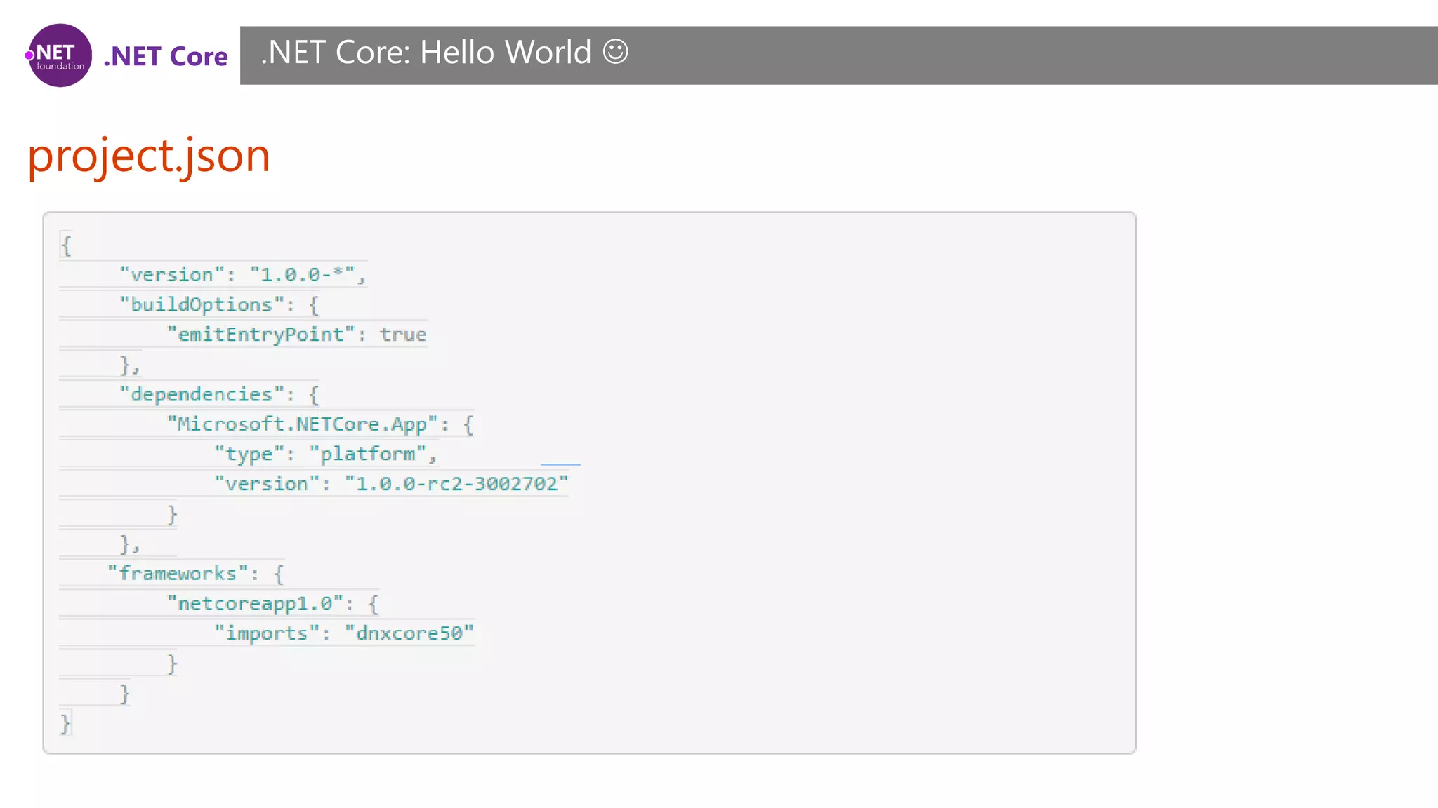 .NET Core
project.json
.NET Core: Hello World 
 