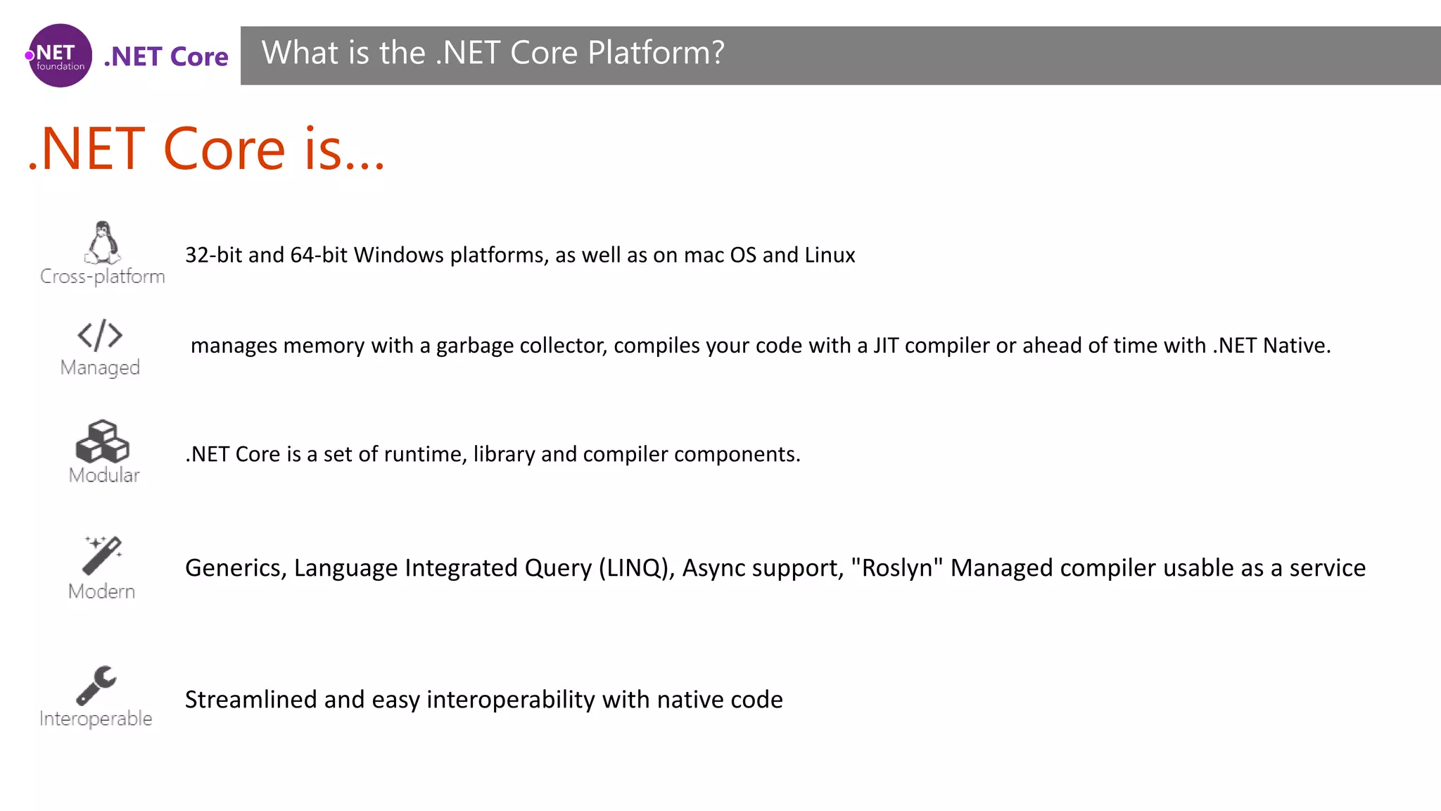 .NET Core
.NET Core is…
What is the .NET Core Platform?
32-bit and 64-bit Windows platforms, as well as on mac OS and Linux
manages memory with a garbage collector, compiles your code with a JIT compiler or ahead of time with .NET Native.
.NET Core is a set of runtime, library and compiler components.
Generics, Language Integrated Query (LINQ), Async support, "Roslyn" Managed compiler usable as a service
Streamlined and easy interoperability with native code
 