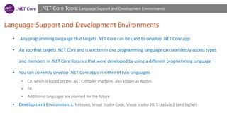 .NET Core
Language Support and Development Environments
.NET Core Tools: Language Support and Development Environments
• Any programming language that targets .NET Core can be used to develop .NET Core app
• An app that targets .NET Core and is written in one programming language can seamlessly access types
and members in .NET Core libraries that were developed by using a different programming language
• You can currently develop .NET Core apps in either of two languages:
• C#, which is based on the .NET Compiler Platform, also known as Roslyn.
• F#.
• Additional languages are planned for the future
• Development Environments: Notepad, Visual Studio Code, Visual Studio 2015 Update 2 (and higher)
 