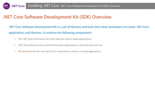 .NET Core
.NET Core Software Development Kit (SDK) Overview
Installing .NET Core: .NET Core Software Development Kit (SDK) Overview
.NET Core Software Development Kit is a set of libraries and tools that allow developers to create .NET Core
applications and libraries. It contains the following components:
• The .NET Core Command Line Tools that are used to build applications
• .NET Core (libraries and runtime) that allow applications to both be built and run
• The dotnet driver for running the CLI commands as well as running applications
 