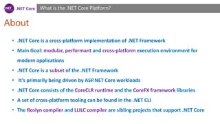 .NET Core
About
What is the .NET Core Platform?
• .NET Core is a cross-platform implementation of .NET Framework
• Main Goal: modular, performant and cross-platform execution environment for
modern applications
• .NET Core is a subset of the .NET Framework
• It’s primarily being driven by ASP.NET Core workloads
• .NET Core consists of the CoreCLR runtime and the CoreFX framework libraries
• A set of cross-platform tooling can be found in the .NET CLI
• The Roslyn compiler and LLILC compiler are sibling projects that support .NET Core
 