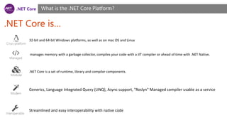 .NET Core
.NET Core is…
What is the .NET Core Platform?
32-bit and 64-bit Windows platforms, as well as on mac OS and Linux
manages memory with a garbage collector, compiles your code with a JIT compiler or ahead of time with .NET Native.
.NET Core is a set of runtime, library and compiler components.
Generics, Language Integrated Query (LINQ), Async support, "Roslyn" Managed compiler usable as a service
Streamlined and easy interoperability with native code
 