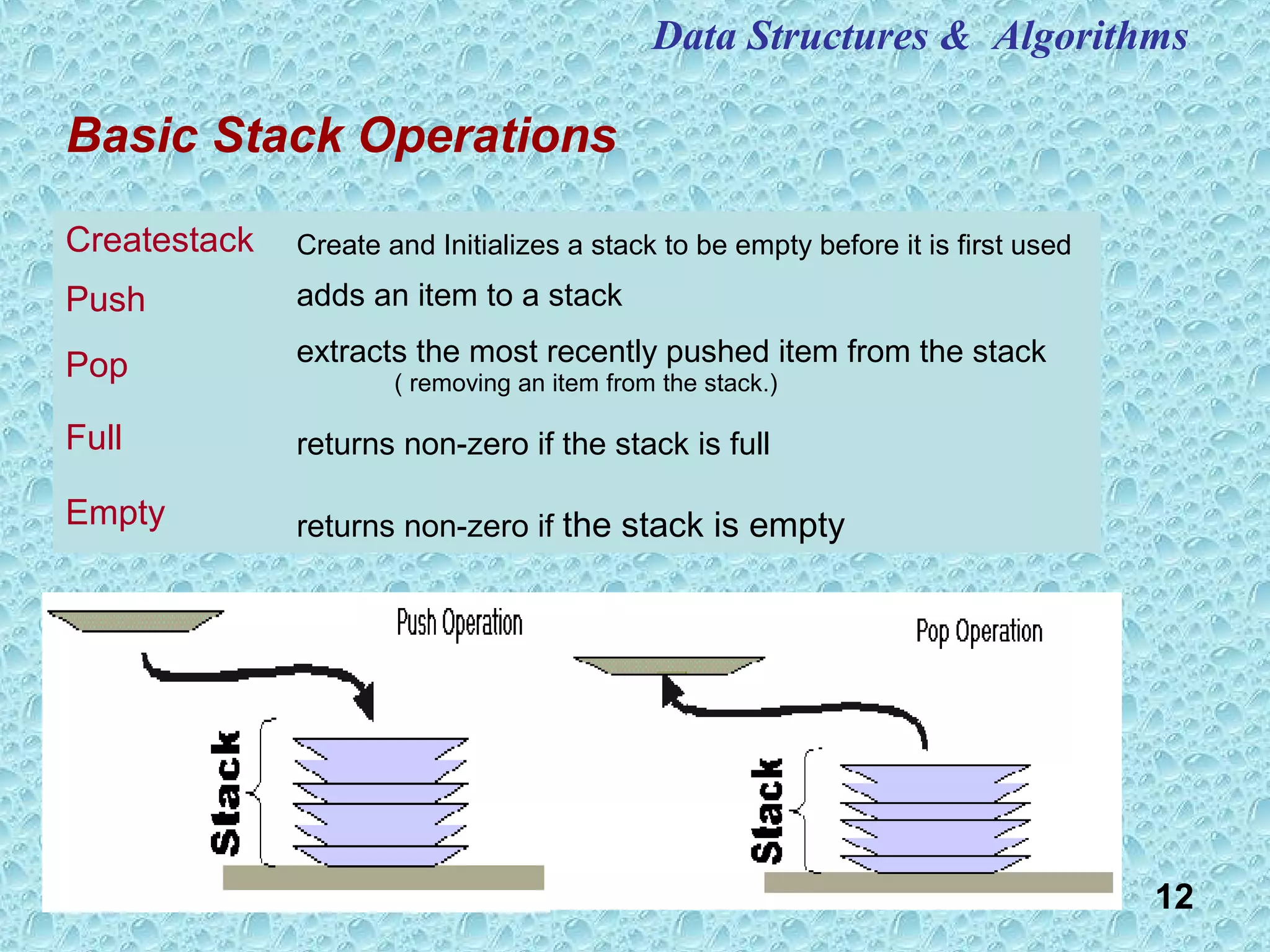 12
Basic Stack Operations
Createstack Create and Initializes a stack to be empty before it is first used
Push adds an item to a stack
Pop extracts the most recently pushed item from the stack
( removing an item from the stack.)
Full returns non-zero if the stack is full
Empty returns non-zero if the stack is empty
Data Structures & Algorithms
 