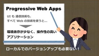 Progressive Web Apps
UI も 通信技術も、
すべて Web の技術を使うと...
環境依存が少なく、操作性の高い
アプリケーション
ローカルでのバージョンアップも必要ない！
 
