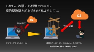 しかし、攻撃にも利用できます。
標的型攻撃と組み合わせるなどして...
ポートが使い易い。発覚しづらい。
C2
WS / WSS
マルウェアをインストール 遠隔操作（C2）に、WebSocket を利用する。
C2
CONNECT
 