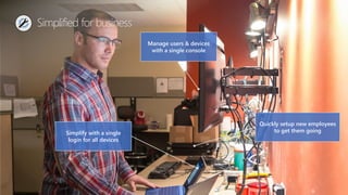 Simplified for business
Quickly setup new employees
to get them going
Manage users & devices
with a single console
Simplify with a single
login for all devices
 