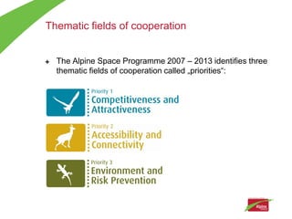 Thematic fields of cooperation


  The Alpine Space Programme 2007 – 2013 identifies three
  thematic fields of cooperation called „priorities“:
 
