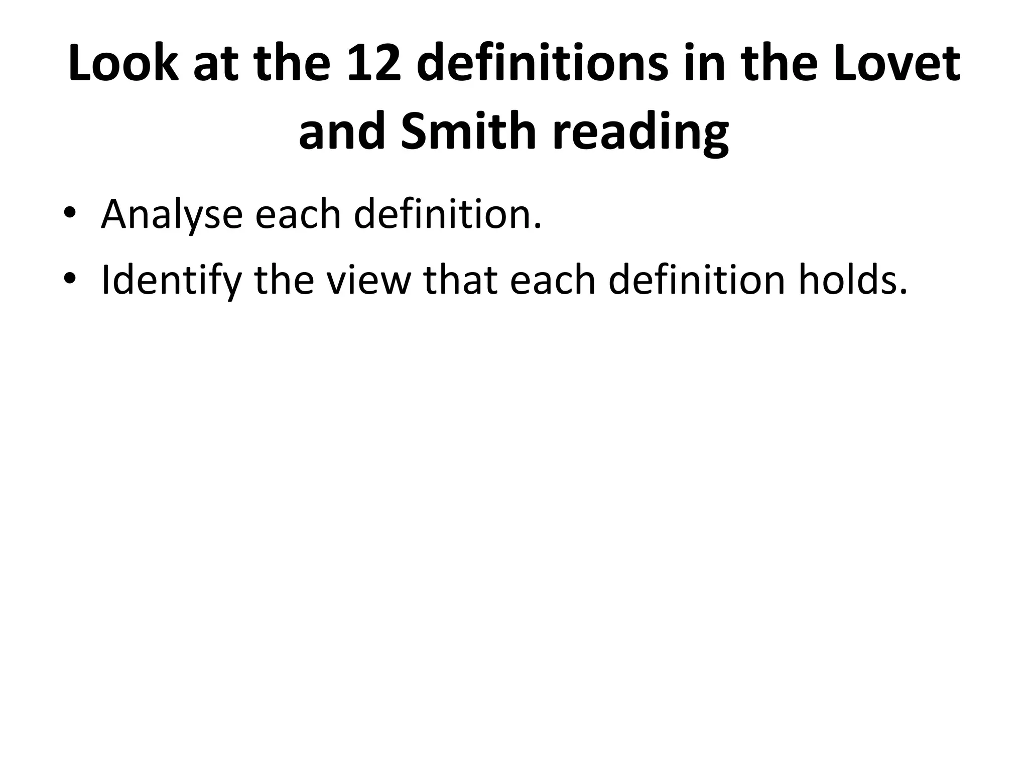 Look at the 12 definitions in the Lovet
and Smith reading
• Analyse each definition.
• Identify the view that each definition holds.
 