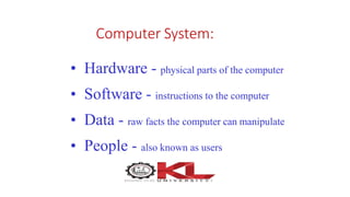 • Hardware - physical parts of the computer
• Software - instructions to the computer
• Data - raw facts the computer can manipulate
• People - also known as users
Computer System:
 