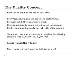 The Duality Concept
 Keep this in mind for the rest of your lives:
 Every transaction have two aspect, no matter what.
 For every debit, there is always a credit.
 Debit is nothing, its simply the left side of the account
 Credit is nothing, its simply the right side of the account
 The entire concept of accounting is based on the following
equation: THE ACCOUNTING EQUATION
 Assets = Liabilities + Equity
 Note: equity is treated same as liability…why so?
 