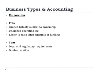 Business Types & Accounting
 Corporation
 Pros
 Limited liability subject to ownership
 Unlimited operating life
 Easier to raise large amounts of funding
 Cons
 Legal and regulatory requirements
 Double taxation
 