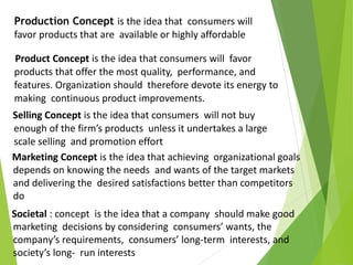 Production Concept is the idea that consumers will
favor products that are available or highly affordable
Product Concept is the idea that consumers will favor
products that offer the most quality, performance, and
features. Organization should therefore devote its energy to
making continuous product improvements.
Selling Concept is the idea that consumers will not buy
enough of the firm’s products unless it undertakes a large
scale selling and promotion effort
Marketing Concept is the idea that achieving organizational goals
depends on knowing the needs and wants of the target markets
and delivering the desired satisfactions better than competitors
do
Societal : concept is the idea that a company should make good
marketing decisions by considering consumers’ wants, the
company’s requirements, consumers’ long-term interests, and
society’s long- run interests
 