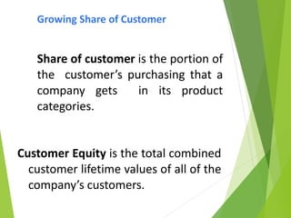 Growing Share of Customer
Share of customer is the portion of
the customer’s purchasing that a
company gets in its product
categories.
Customer Equity is the total combined
customer lifetime values of all of the
company’s customers.
 