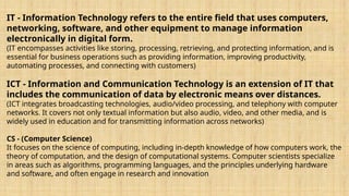 IT - Information Technology refers to the entire field that uses computers,
networking, software, and other equipment to manage information
electronically in digital form.
(IT encompasses activities like storing, processing, retrieving, and protecting information, and is
essential for business operations such as providing information, improving productivity,
automating processes, and connecting with customers)
ICT - Information and Communication Technology is an extension of IT that
includes the communication of data by electronic means over distances.
(ICT integrates broadcasting technologies, audio/video processing, and telephony with computer
networks. It covers not only textual information but also audio, video, and other media, and is
widely used in education and for transmitting information across networks)
CS - (Computer Science)
It focuses on the science of computing, including in-depth knowledge of how computers work, the
theory of computation, and the design of computational systems. Computer scientists specialize
in areas such as algorithms, programming languages, and the principles underlying hardware
and software, and often engage in research and innovation
 