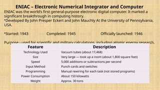 ENIAC – Electronic Numerical Integrator and Computer
ENIAC was the world’s first general-purpose electronic digital computer. It marked a
significant breakthrough in computing history.
•Developed By John Presper Eckert and John Mauchly At the University of Pennsylvania,
USA.
•Started: 1943 Completed: 1945 Officially launched: 1946
Purpose - used for scientific and military calculations, including atomic energy research.
Feature Description
Technology Used Vacuum tubes (about 17,468)
Size Very large — took up a room (about 1,800 square feet)
Speed 5,000 additions or subtractions per second
Input Method Punch cards and switches
Programming Manual rewiring for each task (not stored programs)
Power Consumption About 150 kilowatts
Weight Approx. 30 tons
 