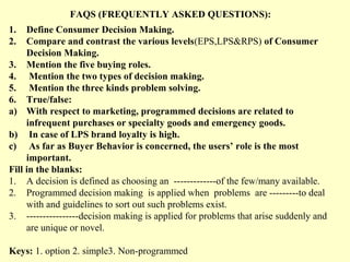 FAQS (FREQUENTLY ASKED QUESTIONS):
1.   Define Consumer Decision Making.
2.   Compare and contrast the various levels(EPS,LPS&RPS) of Consumer
     Decision Making.
3. Mention the five buying roles.
4. Mention the two types of decision making.
5. Mention the three kinds problem solving.
6. True/false:
a) With respect to marketing, programmed decisions are related to
     infrequent purchases or specialty goods and emergency goods.
b) In case of LPS brand loyalty is high.
c) As far as Buyer Behavior is concerned, the users’ role is the most
     important.
Fill in the blanks:
1. A decision is defined as choosing an -------------of the few/many available.
2. Programmed decision making is applied when problems are ---------to deal
     with and guidelines to sort out such problems exist.
3. ----------------decision making is applied for problems that arise suddenly and
     are unique or novel.

Keys: 1. option 2. simple3. Non-programmed
 