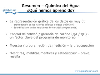 Resumen – Química del Agua
              ¿Qué hemos aprendido?

• La representación gráfica de los datos es muy útil
   – Delimitación de los valores atípicos y datos anómalos
   – Identificación de las relaciones bi-variadas (regresiones)


• Control de calidad / garantía de calidad (QA / QC) -
  un factor clave del programa de monitoreo

• Muestra / programación de medición - la preocupación

• "Mentiras, malditas mentiras y estadísticas" - breve
  reseña
 