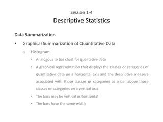 Session 1-4
Descriptive Statistics
Data Summarization
• Graphical Summarization of Quantitative Data
o Histogram
• Analogous to bar chart for qualitative data
• A graphical representation that displays the classes or categories of
quantitative data on a horizontal axis and the descriptive measure
associated with those classes or categories as a bar above those
classes or categories on a vertical axis
• The bars may be vertical or horizontal
• The bars have the same width
 