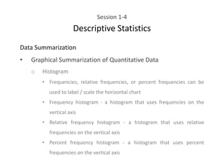Session 1-4
Descriptive Statistics
Data Summarization
• Graphical Summarization of Quantitative Data
o Histogram
• Frequencies, relative frequencies, or percent frequencies can be
used to label / scale the horizontal chart
• Frequency histogram - a histogram that uses frequencies on the
vertical axis
• Relative frequency histogram - a histogram that uses relative
frequencies on the vertical axis
• Percent frequency histogram - a histogram that uses percent
frequencies on the vertical axis
 