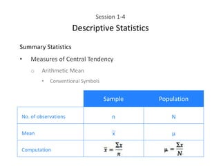 Session 1-4
Descriptive Statistics
Summary Statistics
• Measures of Central Tendency
o Arithmetic Mean
• Conventional Symbols
Sample Population
No. of observations N
n
Mean μ
x
Computation
 