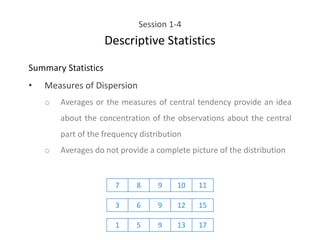 Session 1-4
Descriptive Statistics
Summary Statistics
• Measures of Dispersion
o Averages or the measures of central tendency provide an idea
about the concentration of the observations about the central
part of the frequency distribution
o Averages do not provide a complete picture of the distribution
7 8 9 10 11
3 6 9 12 15
1 5 9 13 17
 