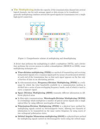 • The Multiplexing divides the capacity of the communication channel into several
logical channels, one for each message signal or data stream to be transferred.
generally multiplexing combines several low-speed signals for transmission over a single
high-speed connection.
S1 S2 S3
R1 R2 R3
7
6
5
7
6
5
7
6
5
4 4 4 3 2 1
3 3 2 2 1 1
7 7 7 6 6
6 5 5 5 4 4 4
3
2
1
3
2
1
3
2
1
Channel
Figure 4: Comprehensive scheme of multiplexing and demultiplexing
A device that performs the multiplexing is called a multiplexer (MUX), and a device
that performs the reverse process is called a demultiplexer (DEMUX or DMX). some
multiplexing techniques are :
F Time-division multiplexing (TDM) is a method of transmitting and receiving
independent signals over a common signal path by means of synchronized switches
at each end of the transmission line so that each signal appears on the line only
a fraction of time in an alternating pattern.
F In telecommunications, Frequency-Division Multiplexing (FDM) is a tech-
nique by which the total bandwidth available in a communication medium is
divided into a series of non-overlapping frequency bands, each of which is used to
carry a separate signal.
F Space Division Multiplexing (SDM) transmits different information in dif-
ferent physical areas
F In fiber-optic communications, Wavelength-Division Multiplexing (WDM)
is a technology which multiplexes a number of optical carrier signals onto a single
optical fiber by using different wavelengths of laser light.
F Polarization-Division Multiplexing (PDM) is a physical layer method for
multiplexing signals carried on electromagnetic waves, allowing two channels of
information to be transmitted on the same carrier frequency by using waves of
two orthogonal polarization states.
F Orbital Angular Momentum multiplexing (OAM) is a physical layer method
for multiplexing signals carried on electromagnetic waves using the orbital angu-
5
 