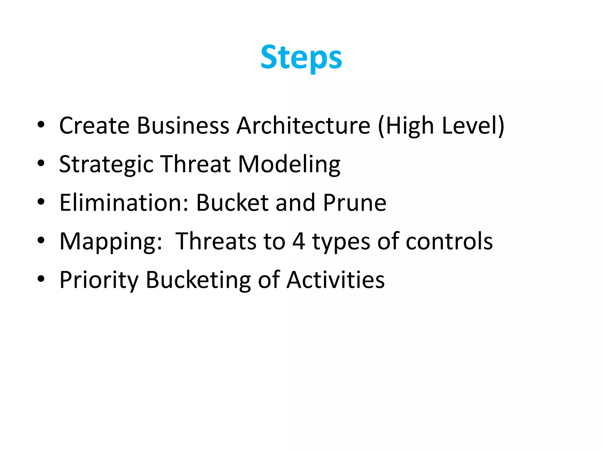Steps
• Create Business Architecture (High Level)
• Strategic Threat Modeling
• Elimination: Bucket and Prune
• Mapping: Threats to 4 types of controls
• Priority Bucketing of Activities