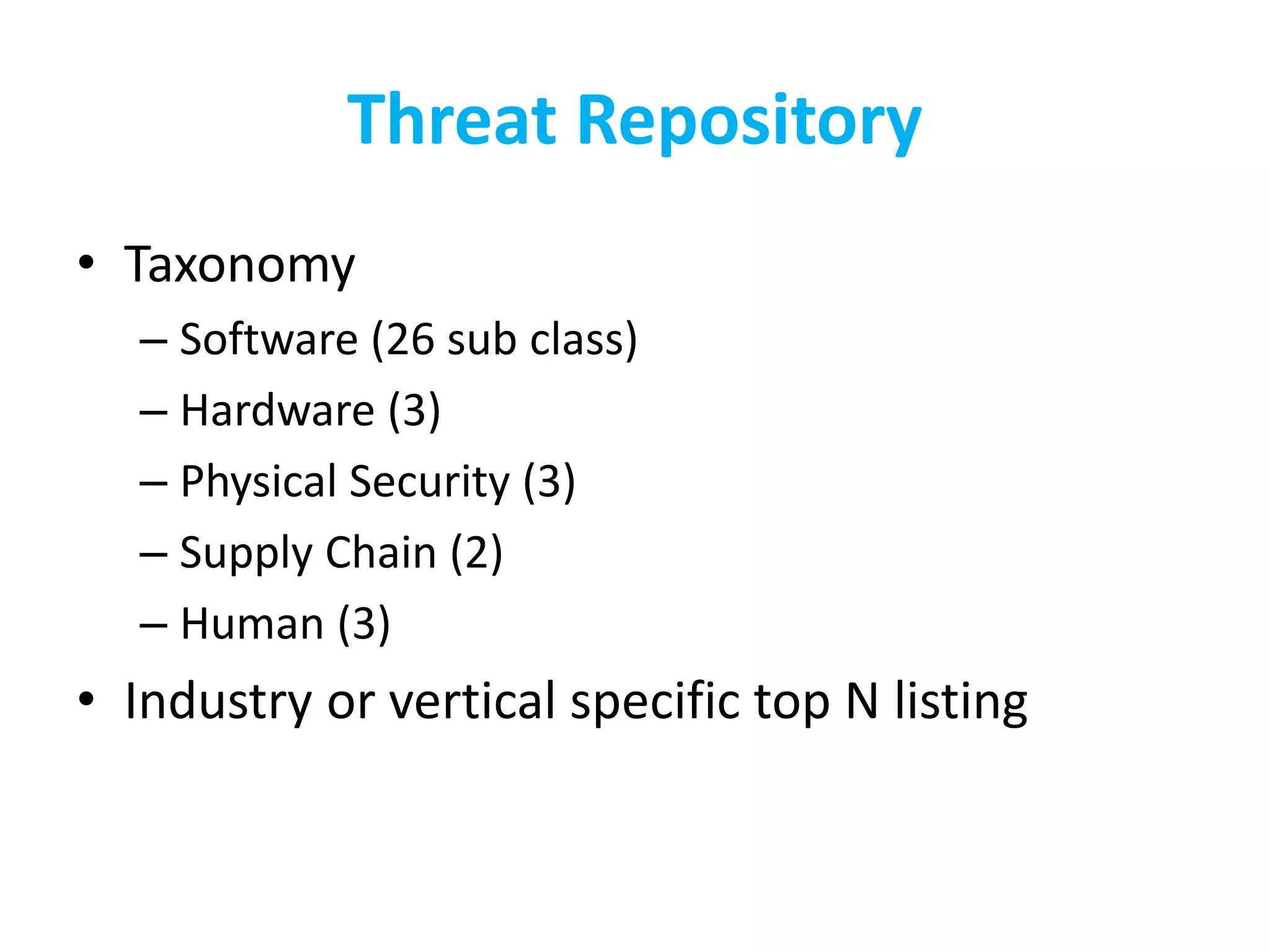 Threat Repository
• Taxonomy
– Software (26 sub class)
– Hardware (3)
– Physical Security (3)
– Supply Chain (2)
– Human (3)
• Industry or vertical specific top N listing