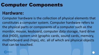 Computer Components
Hardware:
Computer hardware is the collection of physical elements that
constitutes a computer system. Computer hardware refers to
the physical parts or components of a computer such as the
monitor, mouse, keyboard, computer data storage, hard drive
disk (HDD), system unit (graphic cards, sound cards, memory,
motherboard and chips), etc. all of which are physical objects
that can be touched.
 