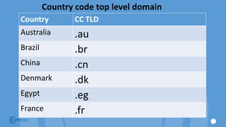 Country code top level domain
Country CC TLD
Australia .au
Brazil .br
China .cn
Denmark .dk
Egypt .eg
France .fr
 