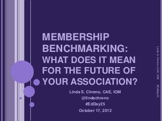 MEMBERSHIP
BENCHMARKING:




                                Linda S. Chreno, CAE, IOM
WHAT DOES IT MEAN
FOR THE FUTURE OF
YOUR ASSOCIATION?




                                #EdDay25
    Linda S. Chreno, CAE, IOM
          @lindachreno
           #EdDay25
        October 17, 2012
 