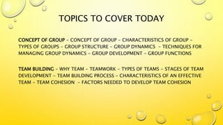 TOPICS TO COVER TODAY
CONCEPT OF GROUP - CONCEPT OF GROUP - CHARACTERISTICS OF GROUP -
TYPES OF GROUPS - GROUP STRUCTURE - GROUP DYNAMICS - TECHNIQUES FOR
MANAGING GROUP DYNAMICS - GROUP DEVELOPMENT - GROUP FUNCTIONS
TEAM BUILDING - WHY TEAM - TEAMWORK - TYPES OF TEAMS - STAGES OF TEAM
DEVELOPMENT - TEAM BUILDING PROCESS - CHARACTERISTICS OF AN EFFECTIVE
TEAM - TEAM COHESION - FACTORS NEEDED TO DEVELOP TEAM COHESION
 