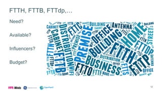 FTTH, FTTB, FTTdp,…
Need?
Available?
Influencers?
Budget?
12
 