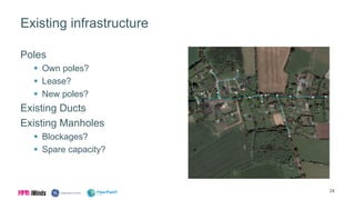 Existing infrastructure
Poles
 Own poles?
 Lease?
 New poles?
Existing Ducts
Existing Manholes
 Blockages?
 Spare capacity?
24
 