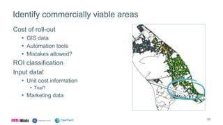Identify commercially viable areas
Cost of roll-out
 GIS data
 Automation tools
 Mistakes allowed?
ROI classification
Input data!
 Unit cost information
 Trial?
 Marketing data
33
 