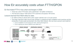 How Eir accurately costs urban FTTH/GPON
Eir first trialed FTTH in two urban exchanges in 2008:
 These two urban FTTH trials used a distributed 1:32 splitter architecture.
 The trial had a total of 1500 active FTTH customers and passes 10K homes.
Lessons learned from NGA rollout to date:
 Eir rolled out fibre to almost all its urban copper cabinets over a 3-4 year period.
 This large scale fibre rollout drove huge changes in underground fibre installation work practices and the
introduction of wide scale sub-ducting in the urban NGA network. We now have a proven cost model for:
 Cost of installation of sub-ducting per metre, clearing blockages etc.
 Cost of splicing per closure (different size cables etc.).
39
OLT
Optical
Line
Terminal
ODF
Optical
Distribution
Frame
Splitter
1:32
Aggregation
joint
1 x 96F to
6 or 12F
FDP
Fibre
Distribution
Point
exchange
distribution network drop
Home
feeder network
existing
existing NGA fibre
New fibre
 