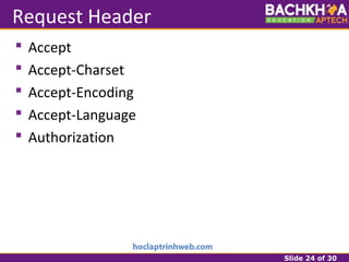 Slide 24 of 30
Request Header
 Accept
 Accept-Charset
 Accept-Encoding
 Accept-Language
 Authorization
 