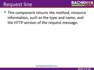 Slide 5 of 30
Request line
 This component returns the method, resource
information, such as the type and name, and
the HTTP version of the request message.
 