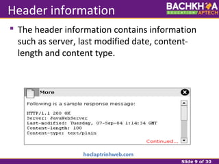 Slide 9 of 30
Header information
 The header information contains information
such as server, last modified date, content-
length and content type.
 