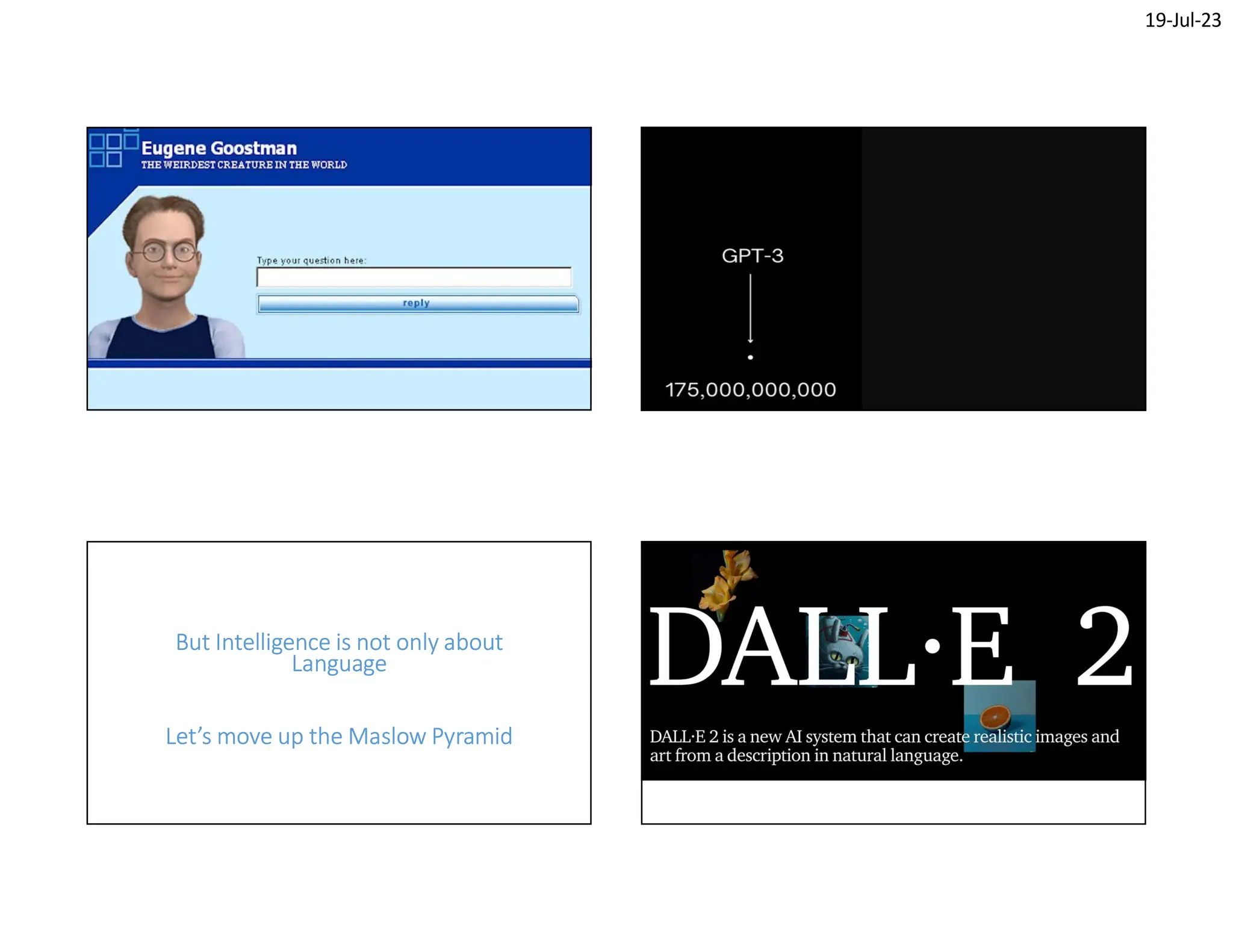 19-Jul-23
Let’s move up the Maslow Pyramid
But Intelligence is not only about
Language
 