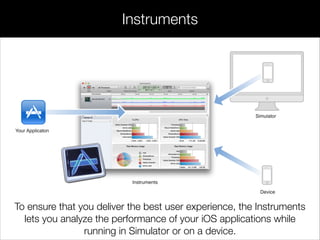 Instruments
To ensure that you deliver the best user experience, the Instruments
lets you analyze the performance of your iOS applications while
running in Simulator or on a device.
 
