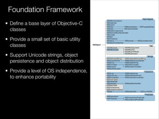 • Deﬁne a base layer of Objective-C
classes
• Provide a small set of basic utility
classes
• Support Unicode strings, object
persistence and object distribution
• Provide a level of OS independence,
to enhance portability
Foundation Framework
 
