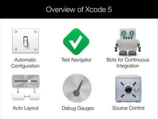 Automatic
Conﬁguration
Test Navigator Bots for Continuous
Integration
Auto Layout Debug Gauges Source Control
Overview of Xcode 5
 